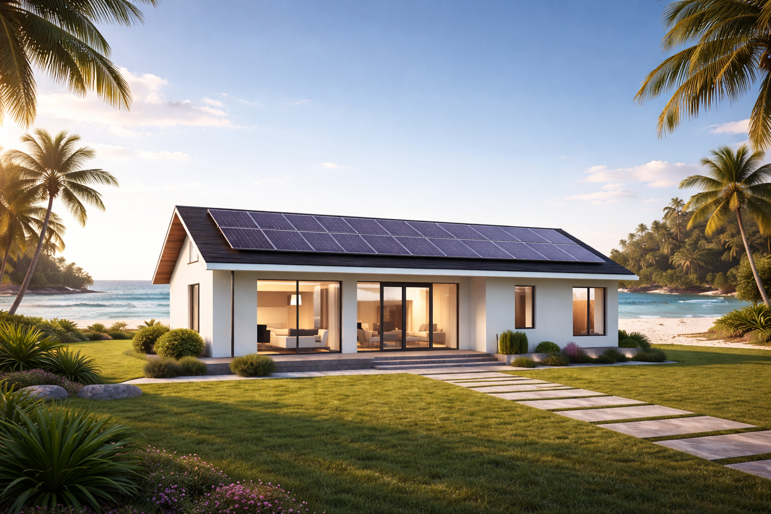 Casa con paneles solares frente a la playa